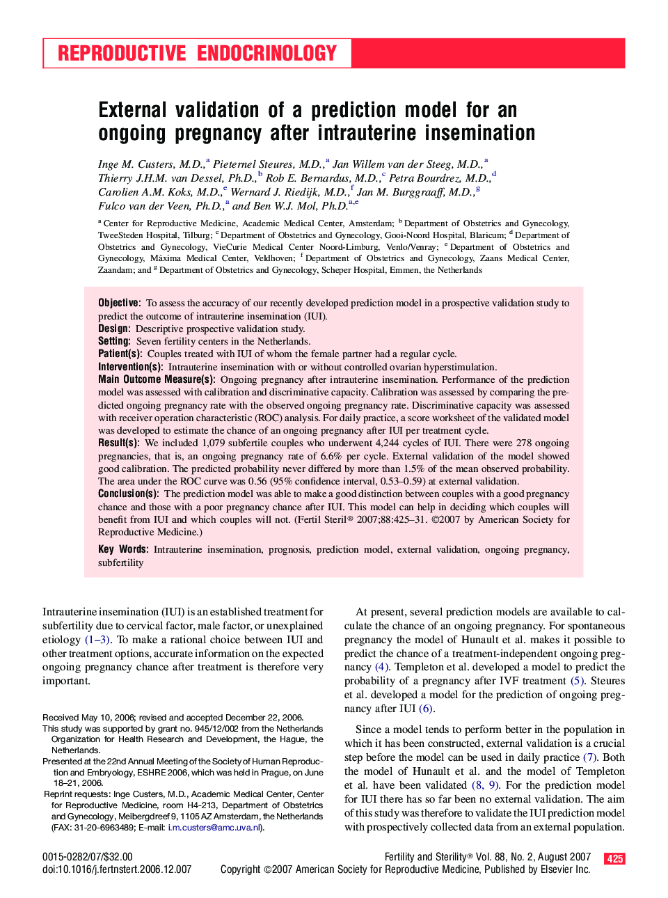 External validation of a prediction model for an ongoing pregnancy after intrauterine insemination 