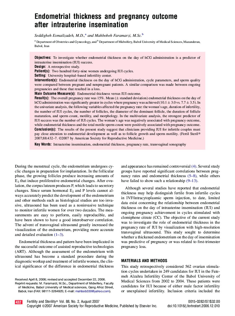 Endometrial thickness and pregnancy outcome after intrauterine insemination