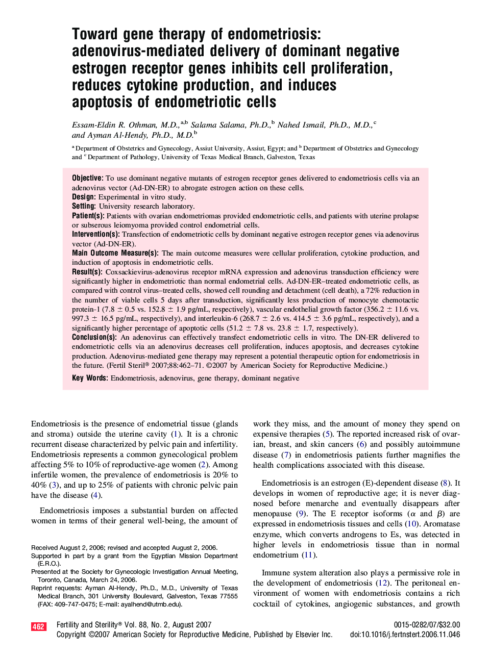 Toward gene therapy of endometriosis: adenovirus-mediated delivery of dominant negative estrogen receptor genes inhibits cell proliferation, reduces cytokine production, and induces apoptosis of endometriotic cells 