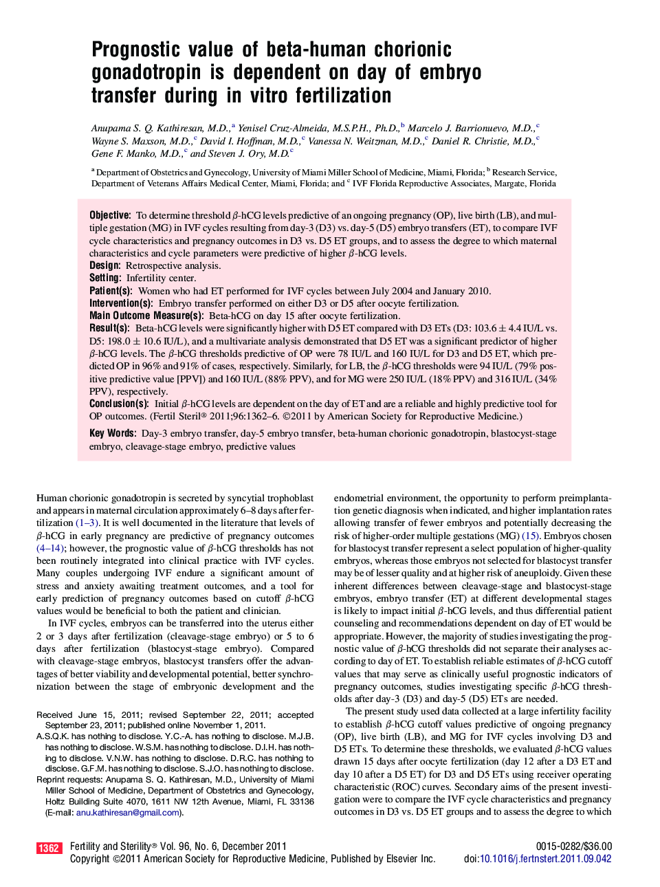 Prognostic value of beta-human chorionic gonadotropin is dependent on day of embryo transfer during in vitro fertilization 