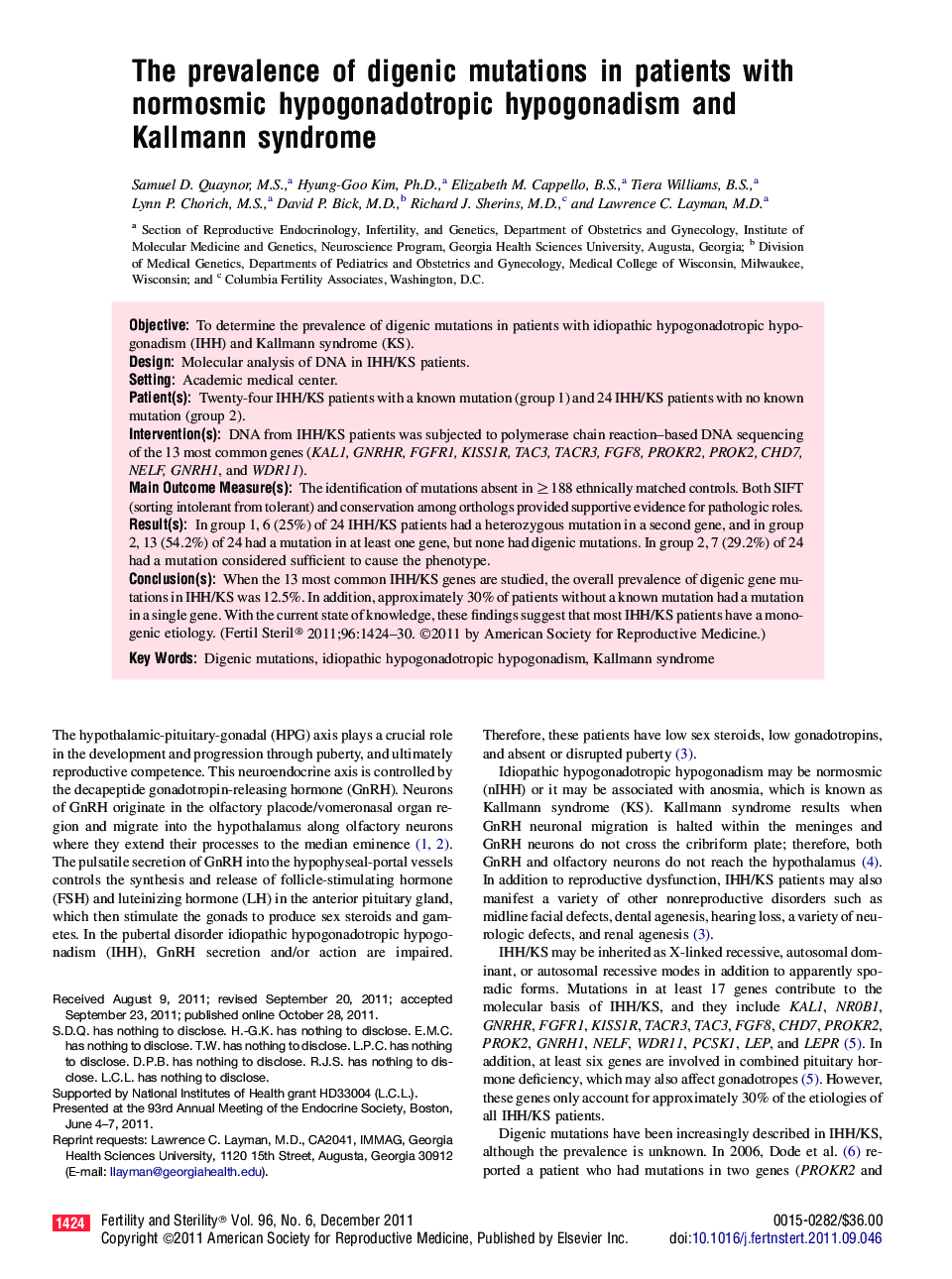 The prevalence of digenic mutations in patients with normosmic hypogonadotropic hypogonadism and Kallmann syndrome