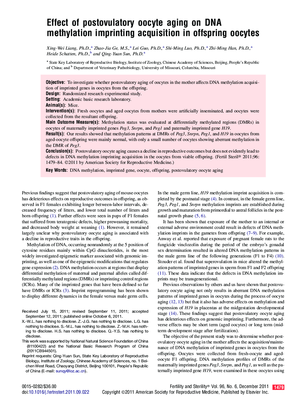 Effect of postovulatory oocyte aging on DNA methylation imprinting acquisition in offspring oocytes 