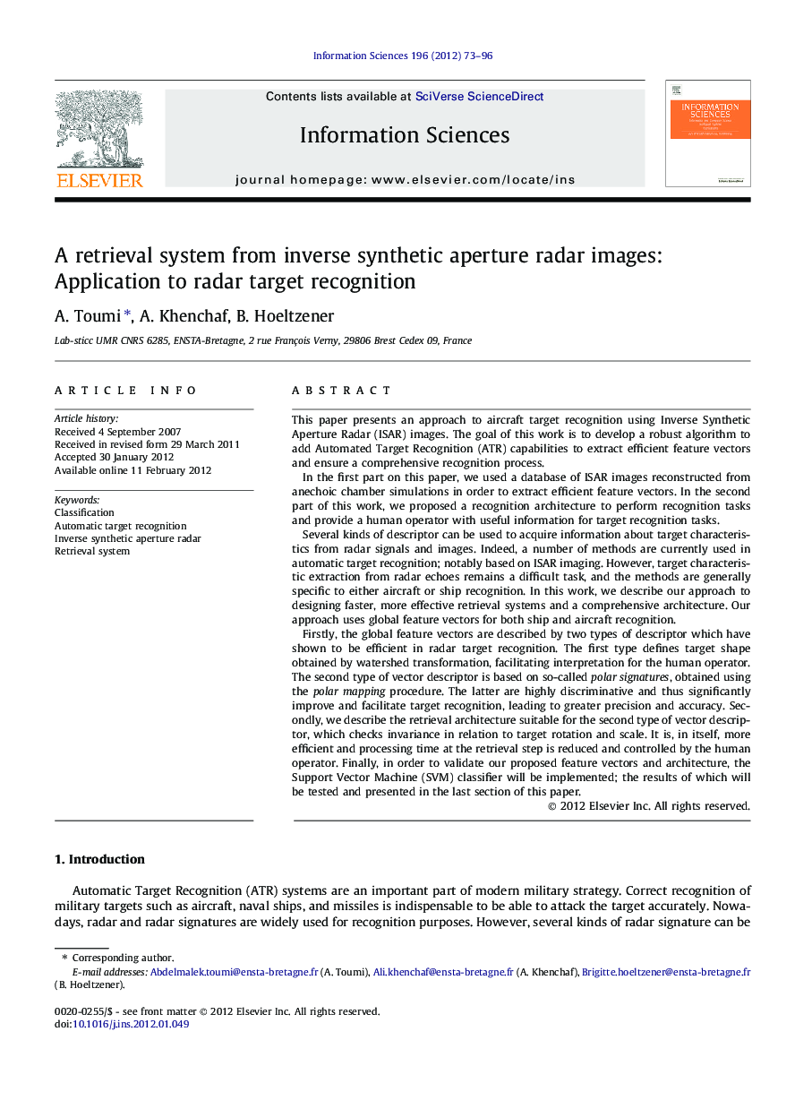 A retrieval system from inverse synthetic aperture radar images: Application to radar target recognition