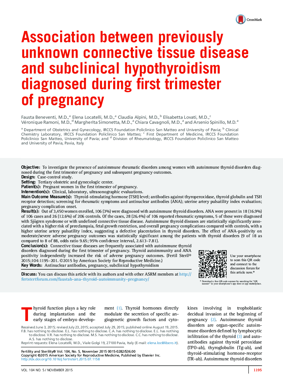 Association between previously unknown connective tissue disease and subclinical hypothyroidism diagnosed during first trimester of pregnancy 