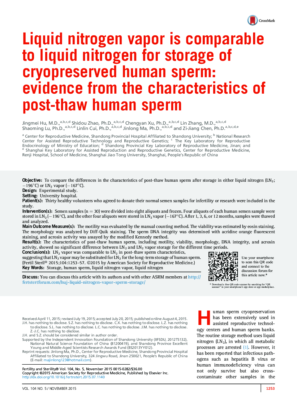 Liquid nitrogen vapor is comparable to liquid nitrogen for storage of cryopreserved human sperm: evidence from the characteristics of post-thaw human sperm