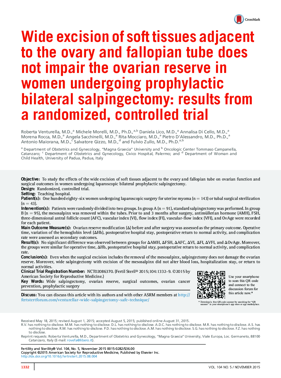 Wide excision of soft tissues adjacent to the ovary and fallopian tube does not impair the ovarian reserve in women undergoing prophylactic bilateral salpingectomy: results from a randomized, controlled trial 