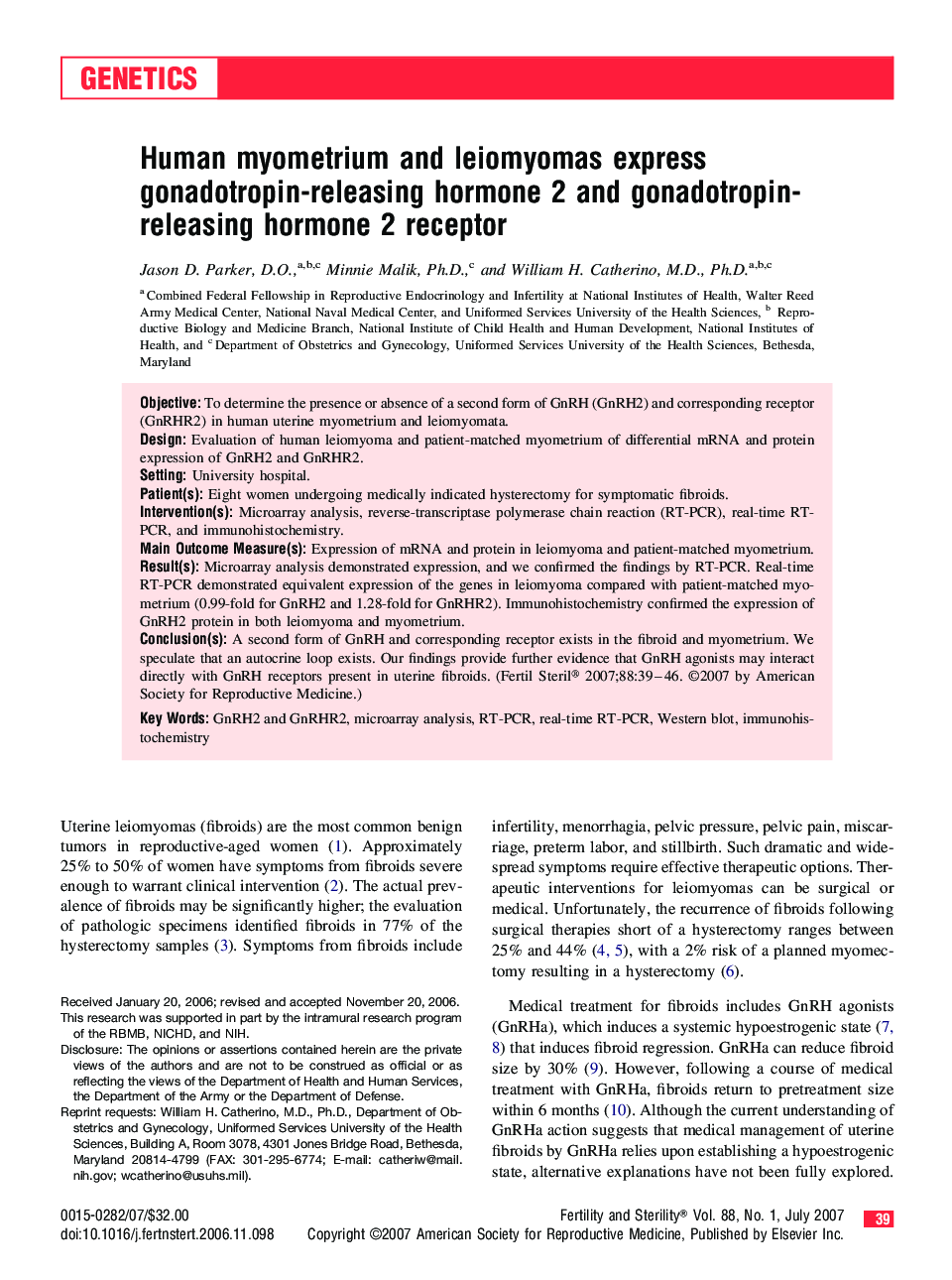 Human myometrium and leiomyomas express gonadotropin-releasing hormone 2 and gonadotropin-releasing hormone 2 receptor 