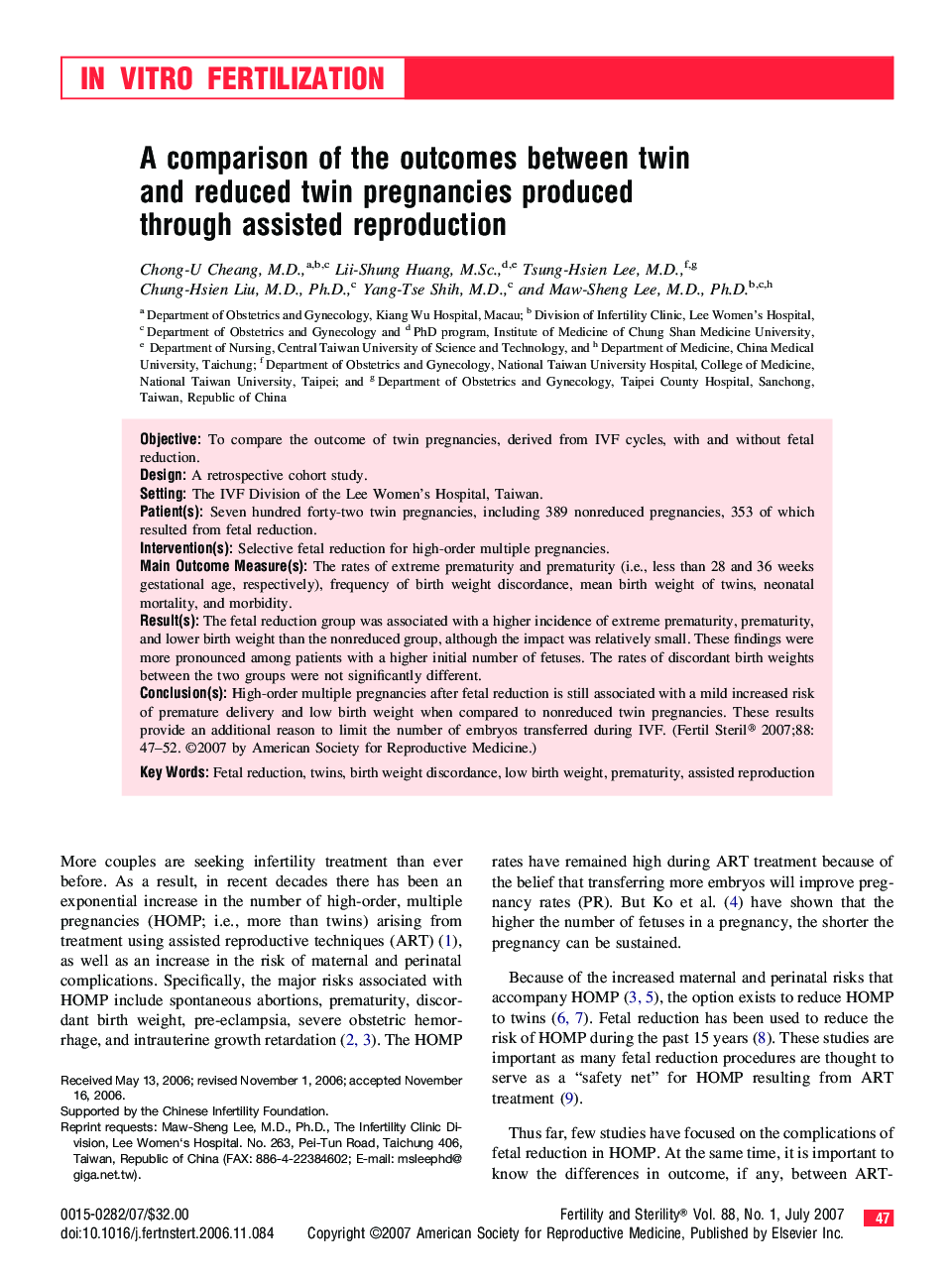 A comparison of the outcomes between twin and reduced twin pregnancies produced through assisted reproduction 