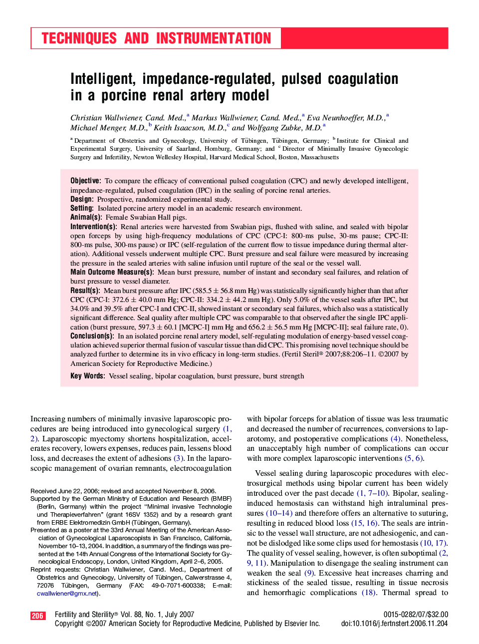 Intelligent, impedance-regulated, pulsed coagulation in a porcine renal artery model 