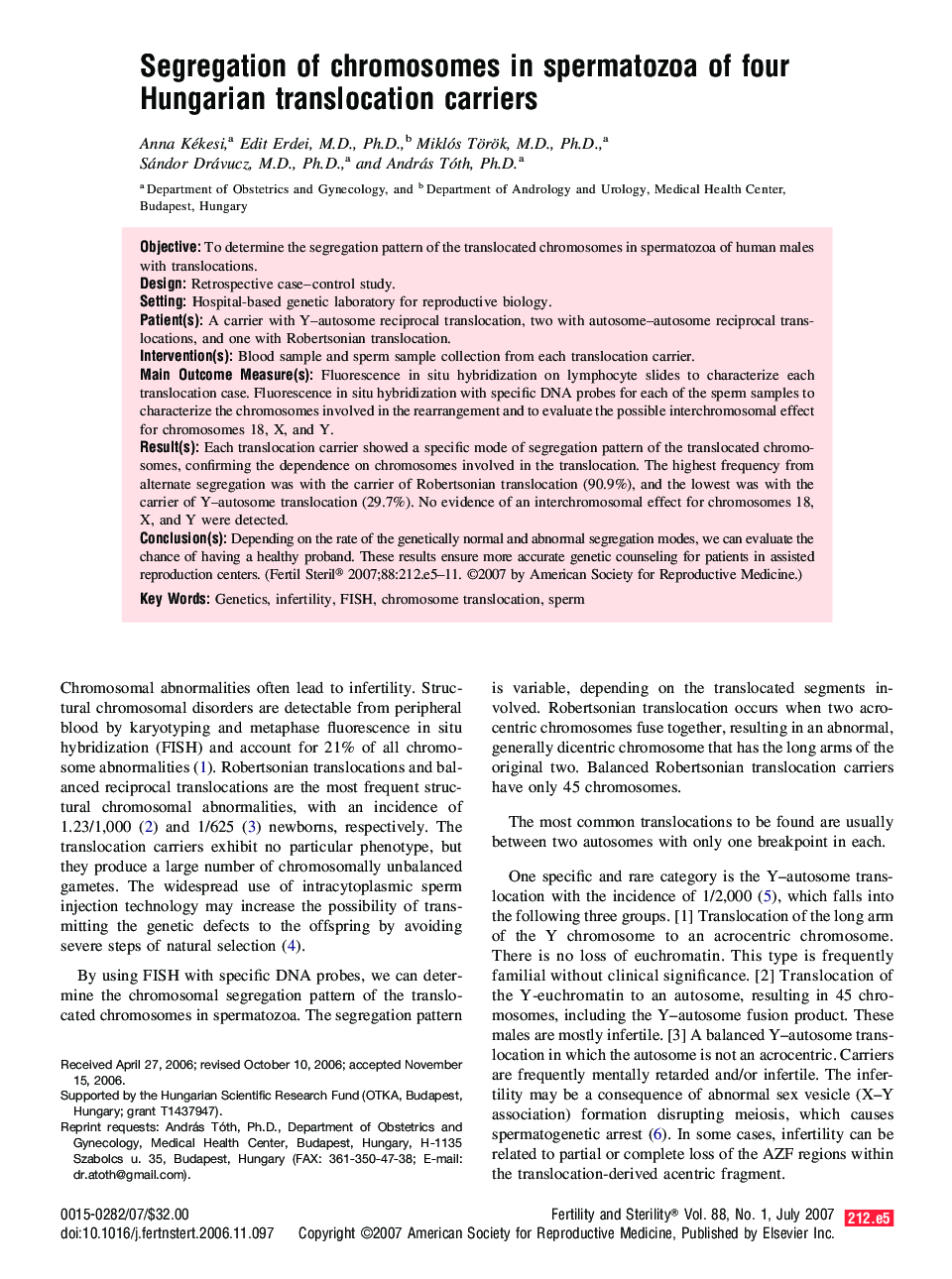 Segregation of chromosomes in spermatozoa of four Hungarian translocation carriers