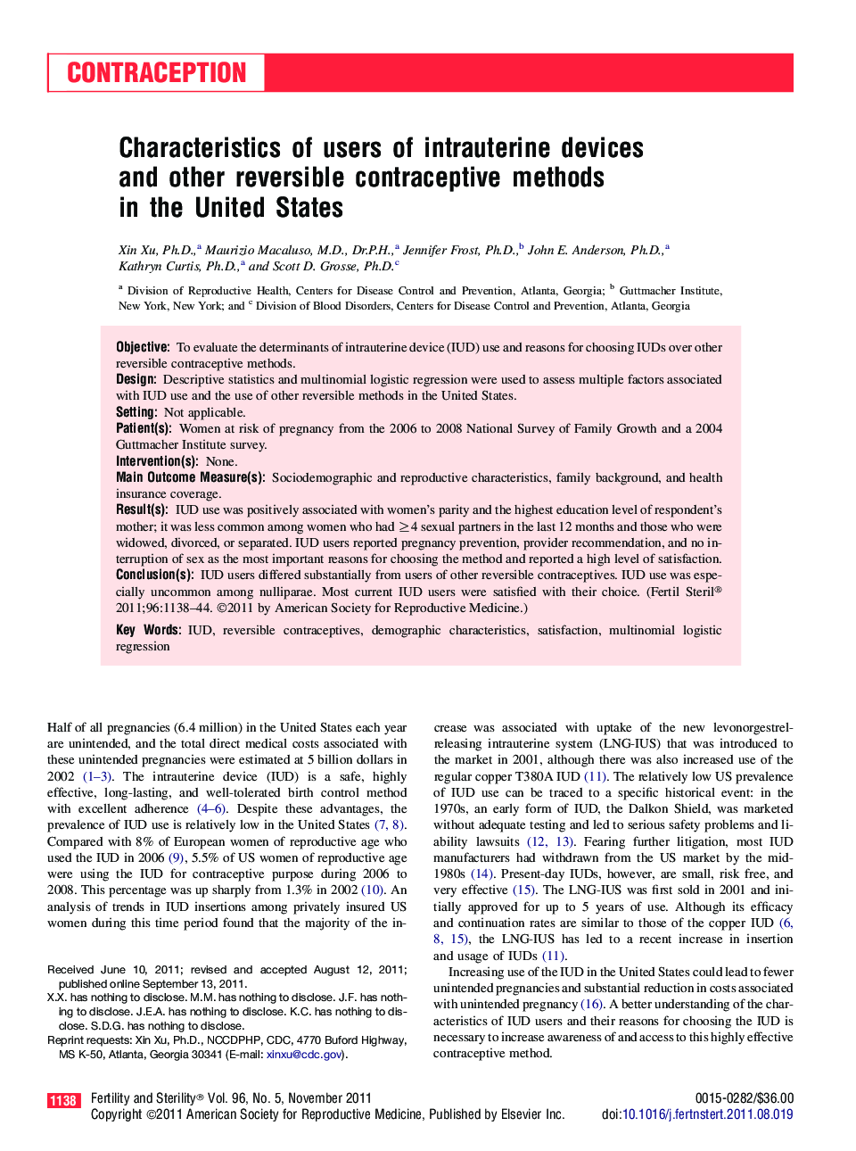 Characteristics of users of intrauterine devices and other reversible contraceptive methods in the United States 