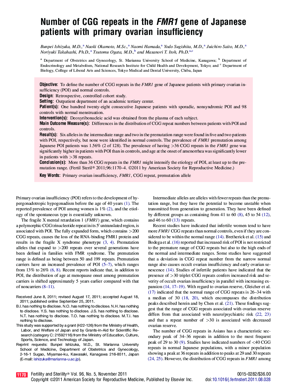 Number of CGG repeats in the FMR1 gene of Japanese patients with primary ovarian insufficiency 