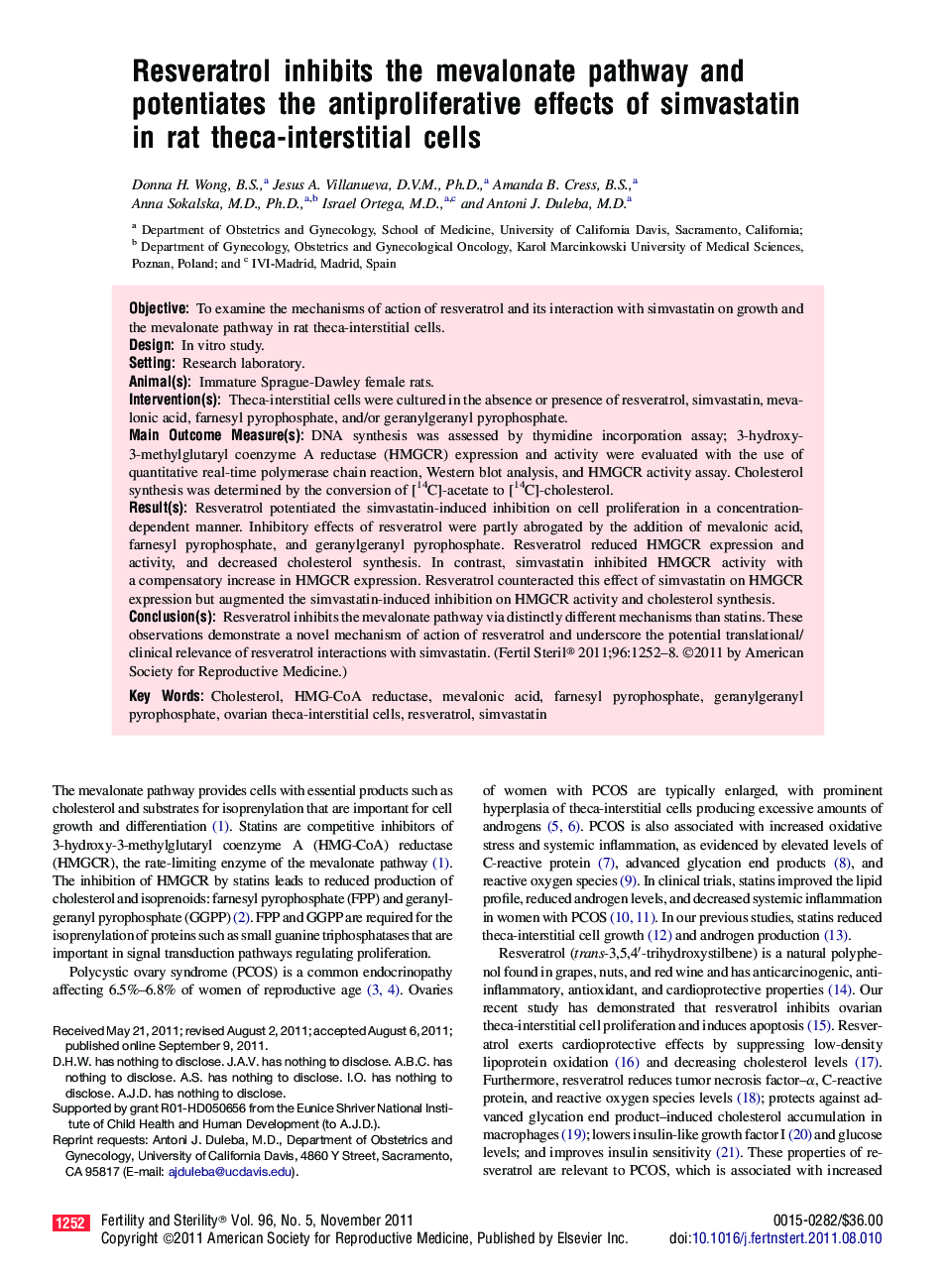 Resveratrol inhibits the mevalonate pathway and potentiates the antiproliferative effects of simvastatin in rat theca-interstitial cells 