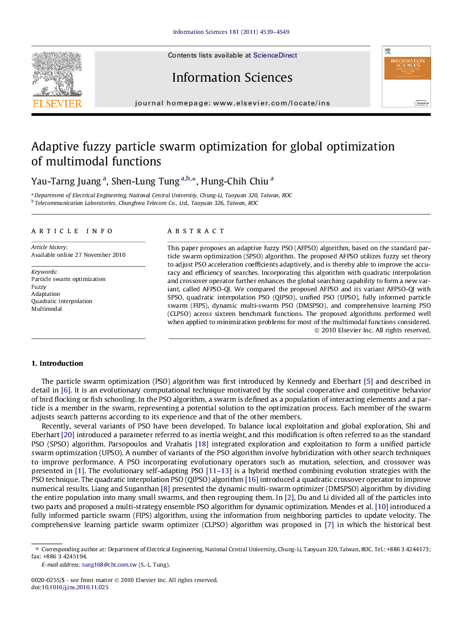 Adaptive fuzzy particle swarm optimization for global optimization of multimodal functions