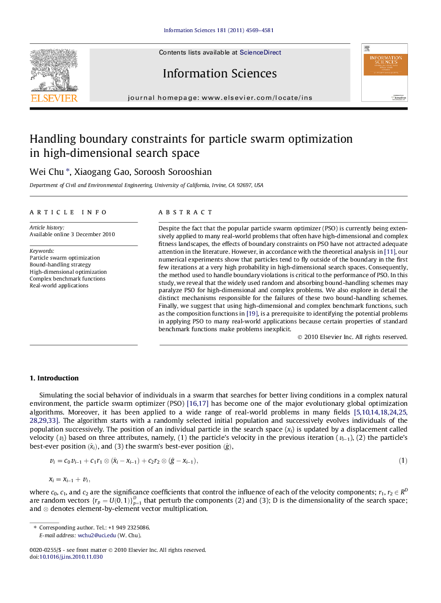 Handling boundary constraints for particle swarm optimization in high-dimensional search space