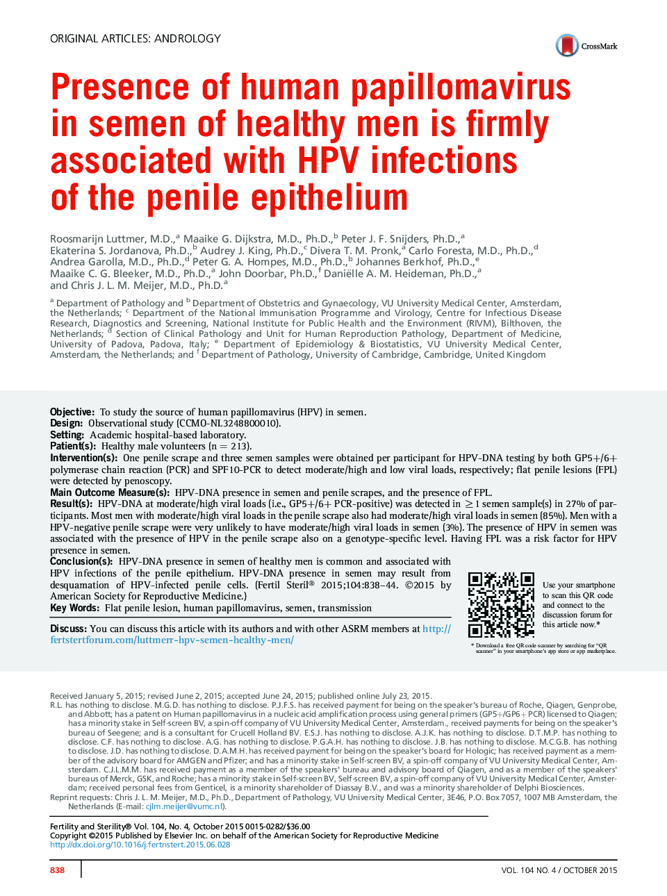 Presence of human papillomavirus inÂ semen of healthy men isÂ firmly associated with HPV infections ofÂ theÂ penile epithelium