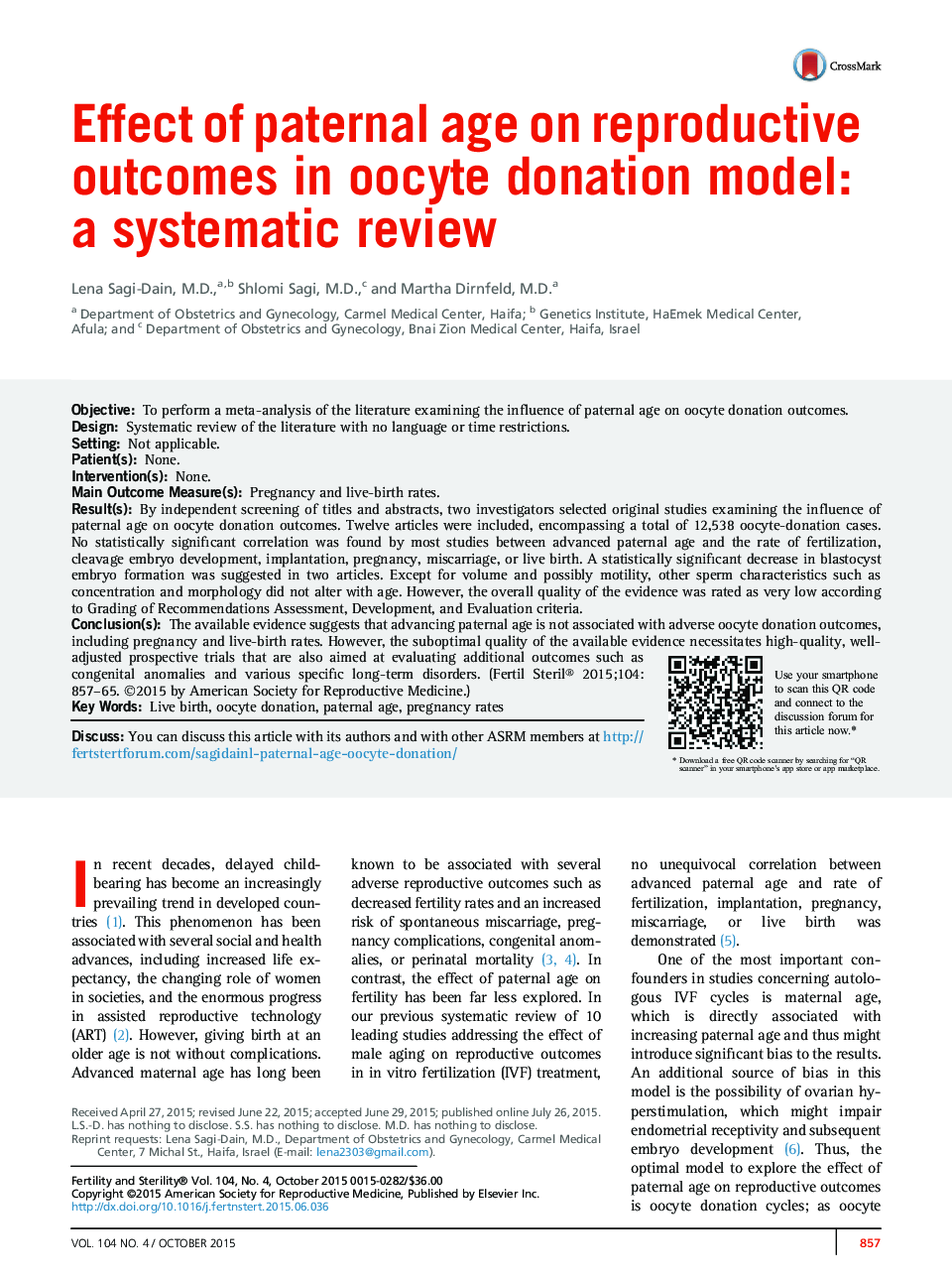 Effect of paternal age on reproductive outcomes in oocyte donation model: a systematic review