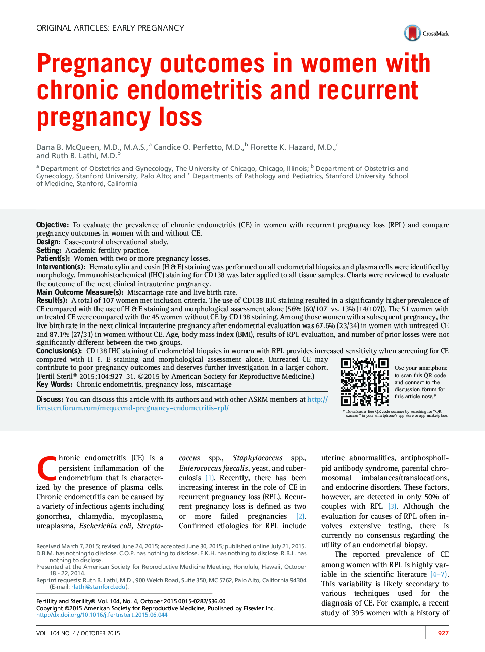 Pregnancy outcomes in women with chronic endometritis and recurrent pregnancy loss 