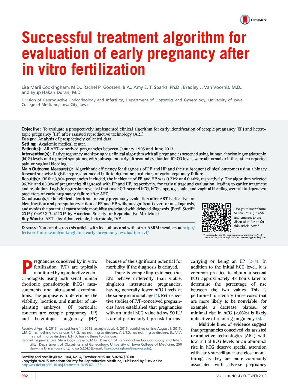 Successful treatment algorithm for evaluation of early pregnancy after inÂ vitro fertilization