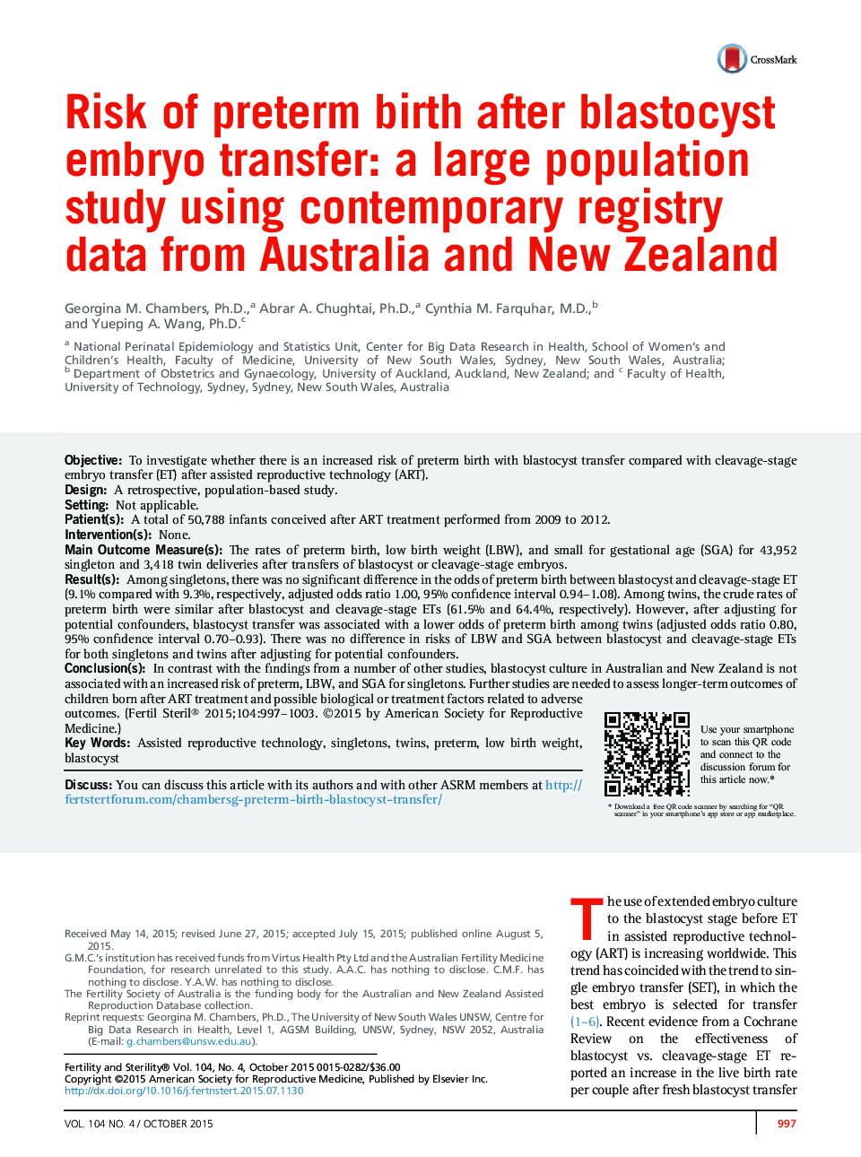 Risk of preterm birth after blastocyst embryo transfer: a large population study using contemporary registry data from Australia and New Zealand 