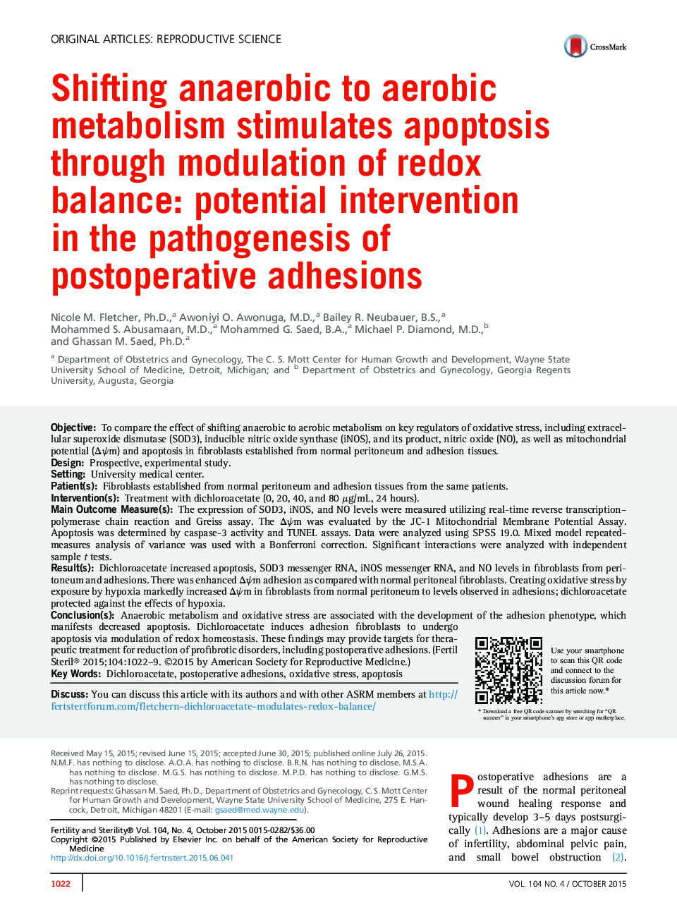 Shifting anaerobic to aerobic metabolism stimulates apoptosis through modulation of redox balance: potential intervention in the pathogenesis of postoperative adhesions 