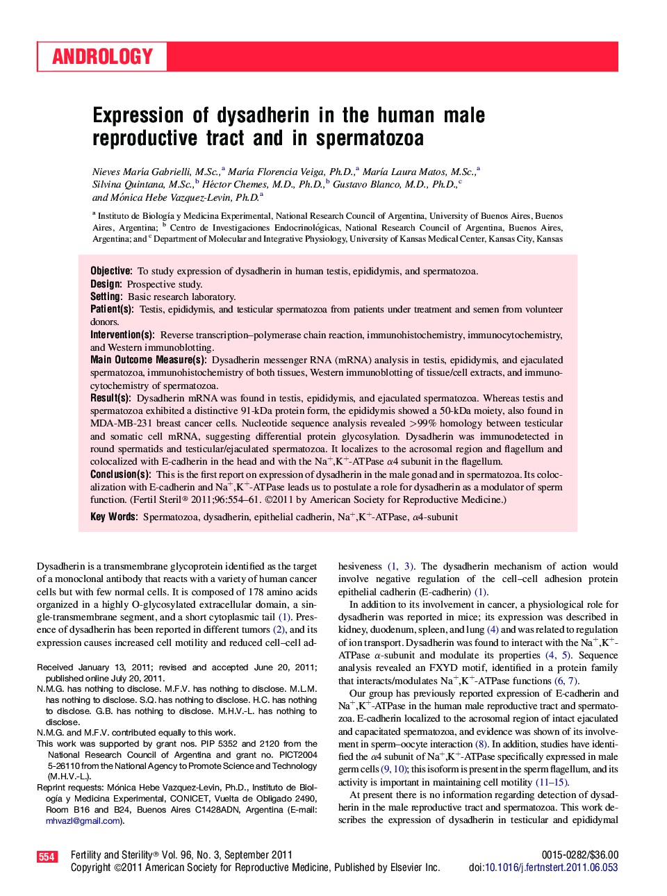 Expression of dysadherin in the human male reproductive tract and in spermatozoa