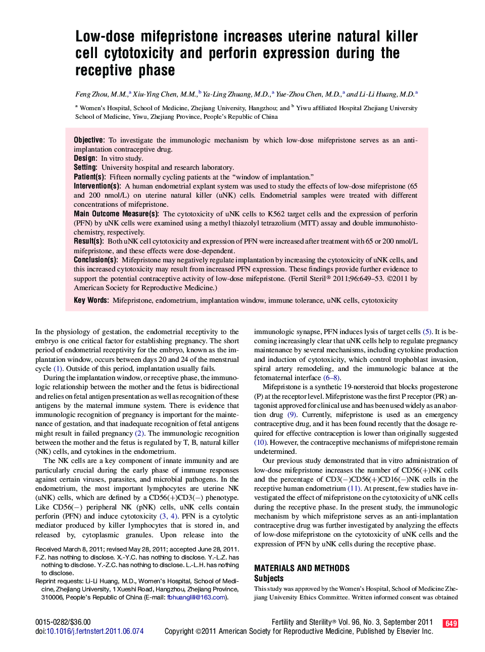 Low-dose mifepristone increases uterine natural killer cell cytotoxicity and perforin expression during the receptive phase 