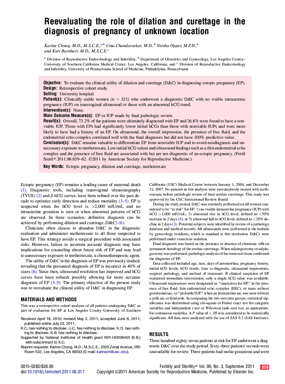 Reevaluating the role of dilation and curettage in the diagnosis of pregnancy of unknown location 