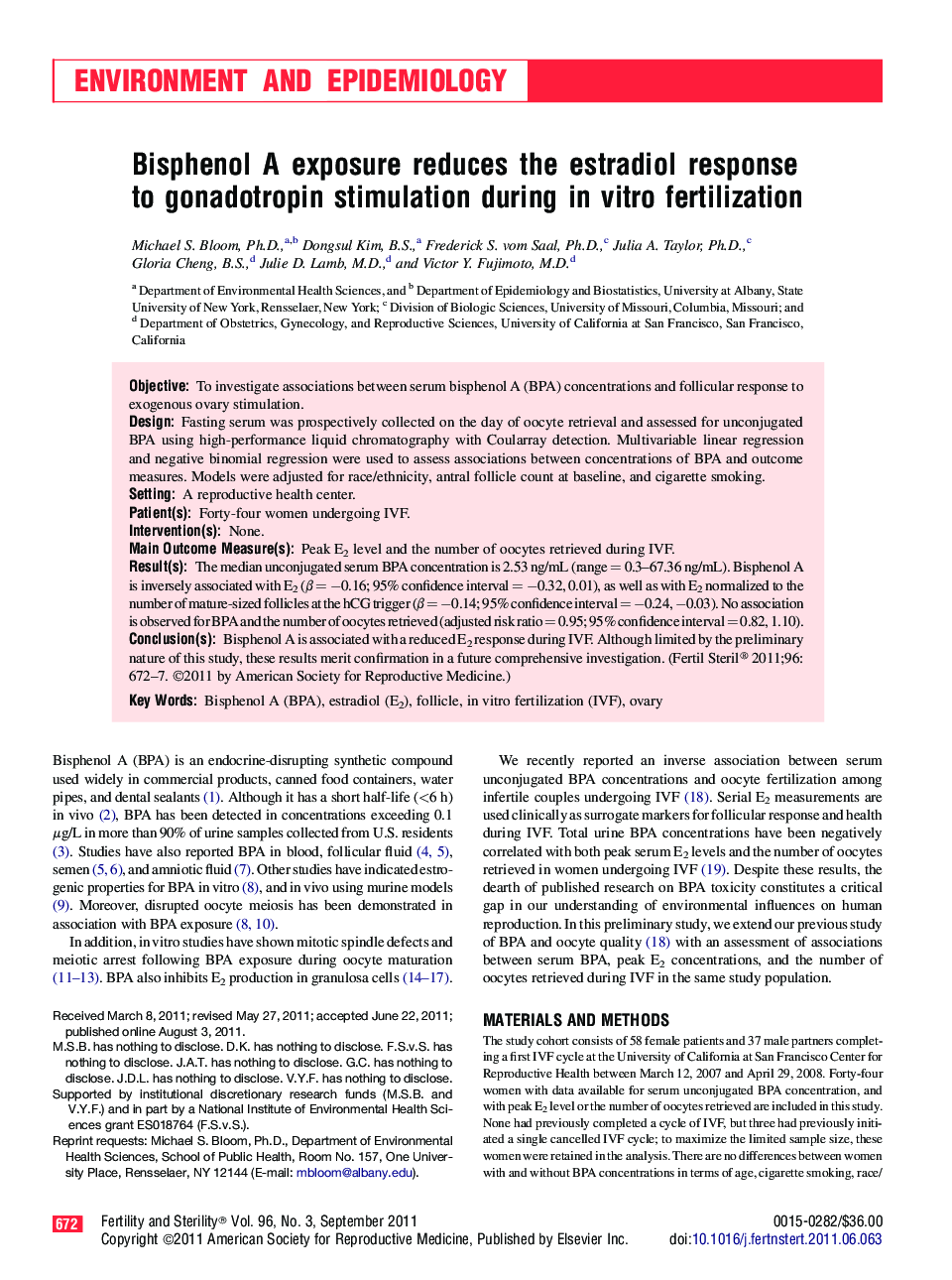 Bisphenol A exposure reduces the estradiol response to gonadotropin stimulation during inÂ vitro fertilization