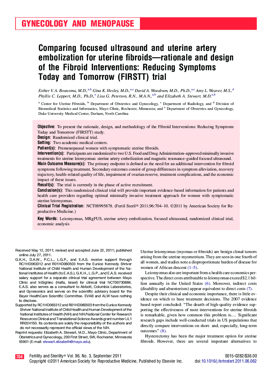 Comparing focused ultrasound and uterine artery embolization for uterine fibroids—rationale and design of the Fibroid Interventions: Reducing Symptoms Today and Tomorrow (FIRSTT) trial 