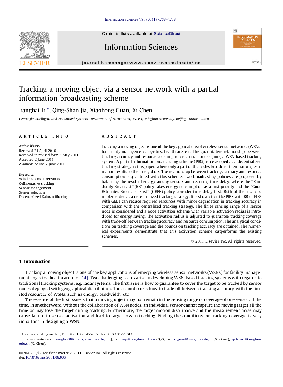 Tracking a moving object via a sensor network with a partial information broadcasting scheme