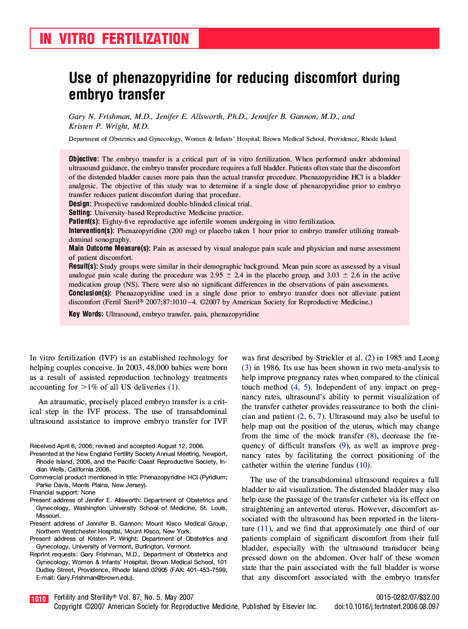 Use of phenazopyridine for reducing discomfort during embryo transfer 