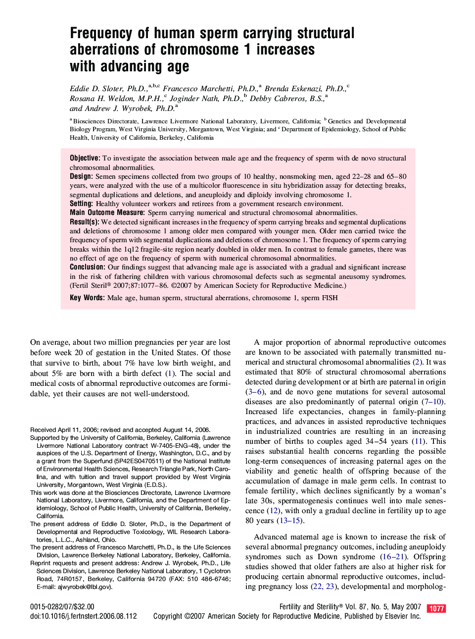 Frequency of human sperm carrying structural aberrations of chromosome 1 increases with advancing age 