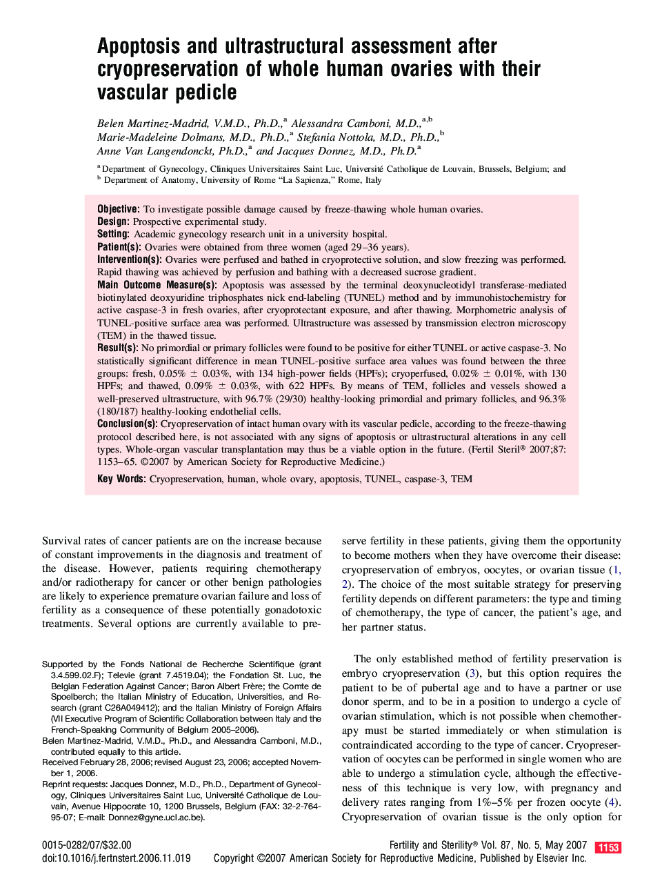 Apoptosis and ultrastructural assessment after cryopreservation of whole human ovaries with their vascular pedicle 