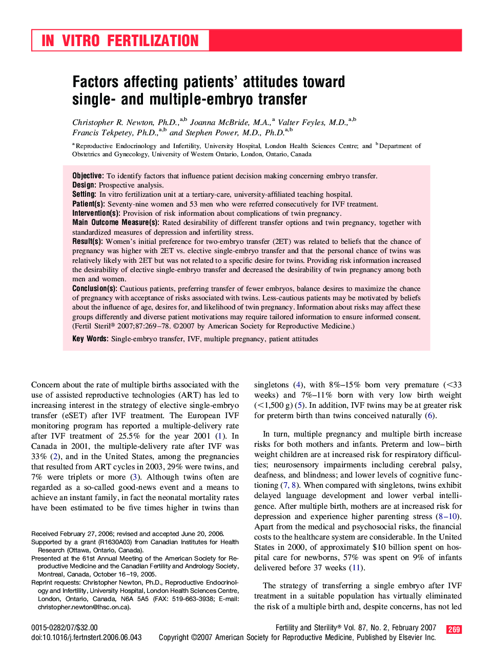 Factors affecting patients’ attitudes toward single- and multiple-embryo transfer 