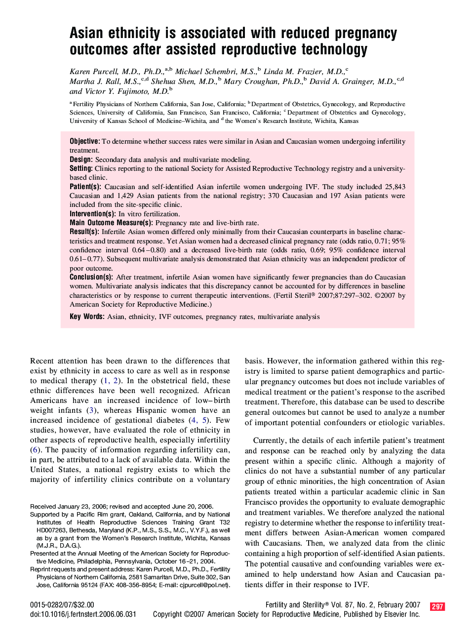 Asian ethnicity is associated with reduced pregnancy outcomes after assisted reproductive technology 