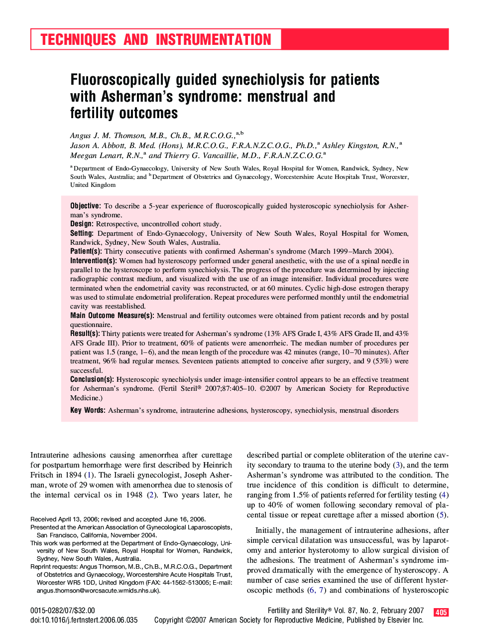 Fluoroscopically guided synechiolysis for patients with Asherman’s syndrome: menstrual and fertility outcomes 