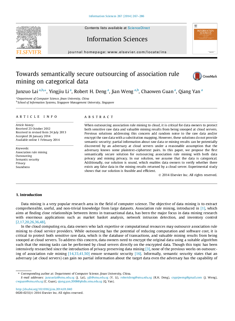 Towards semantically secure outsourcing of association rule mining on categorical data