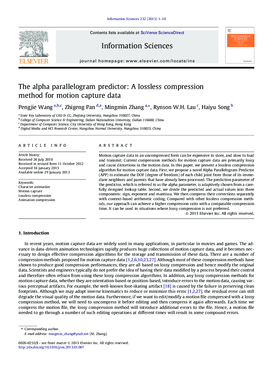 The alpha parallelogram predictor: A lossless compression method for motion capture data