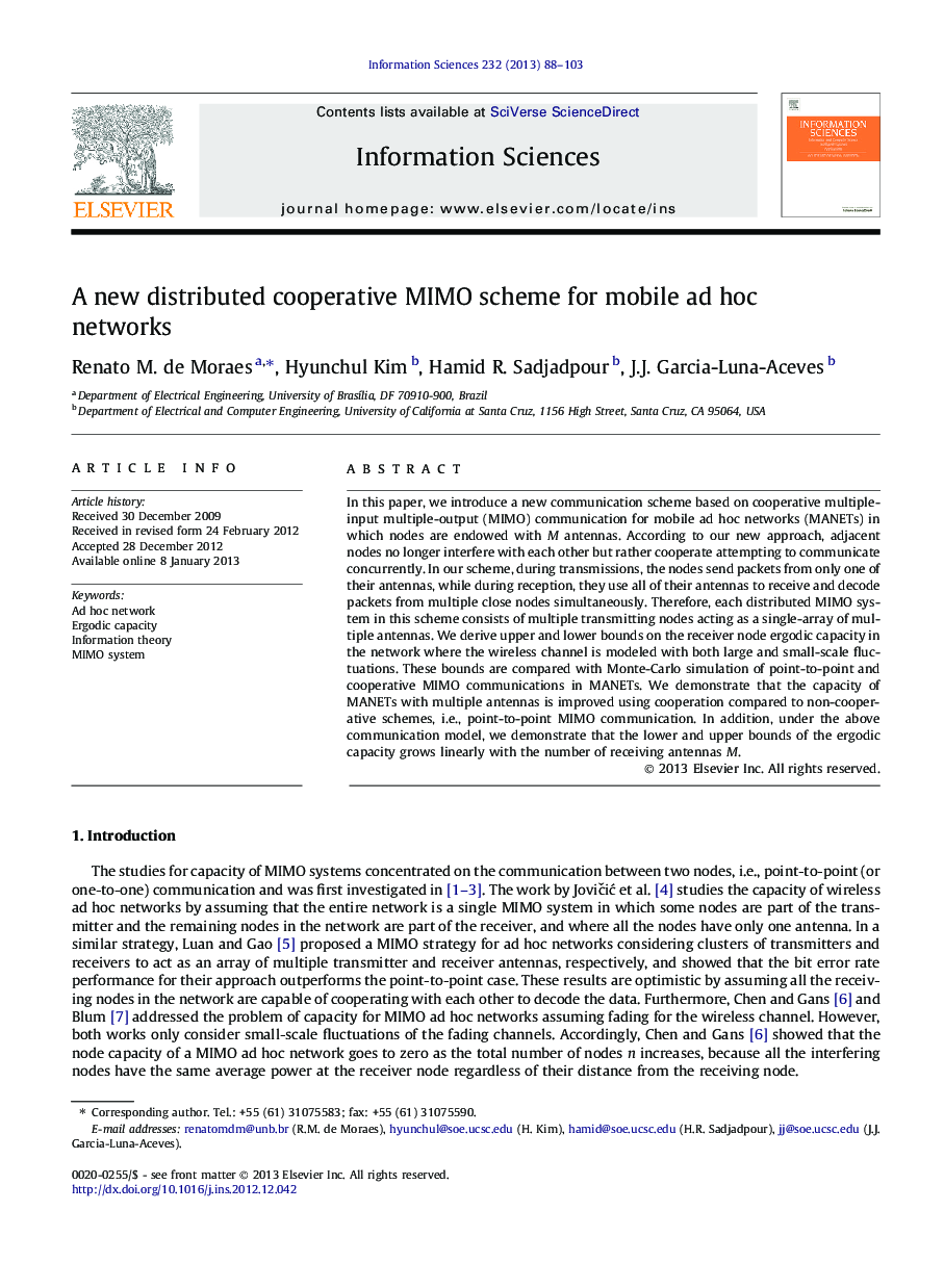 A new distributed cooperative MIMO scheme for mobile ad hoc networks