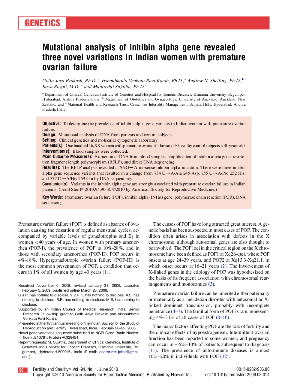 Mutational analysis of inhibin alpha gene revealed three novel variations in Indian women with premature ovarian failure 