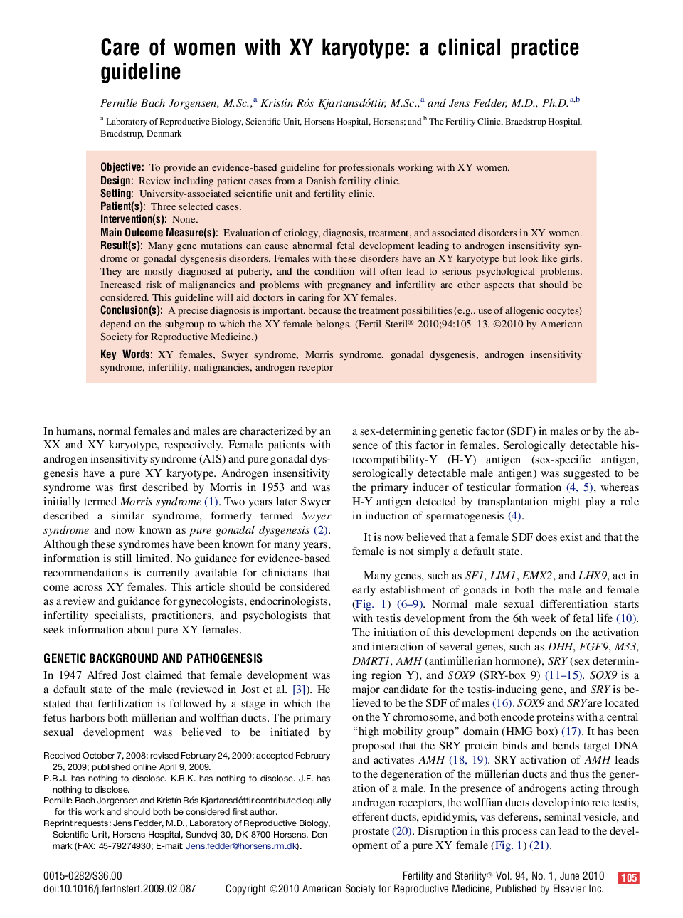 Care of women with XY karyotype: a clinical practice guideline 