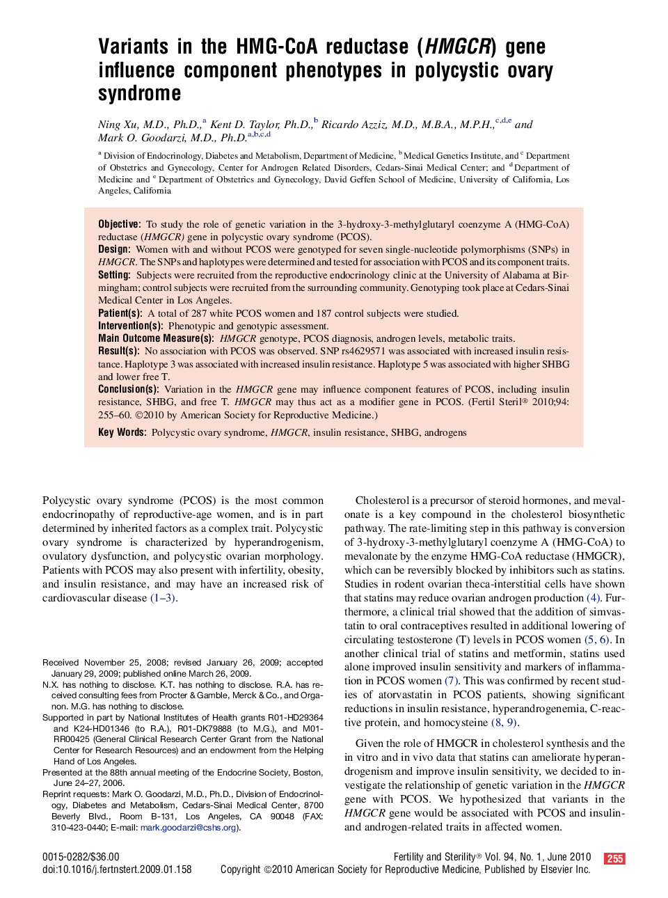 Variants in the HMG-CoA reductase (HMGCR) gene influence component phenotypes in polycystic ovary syndrome