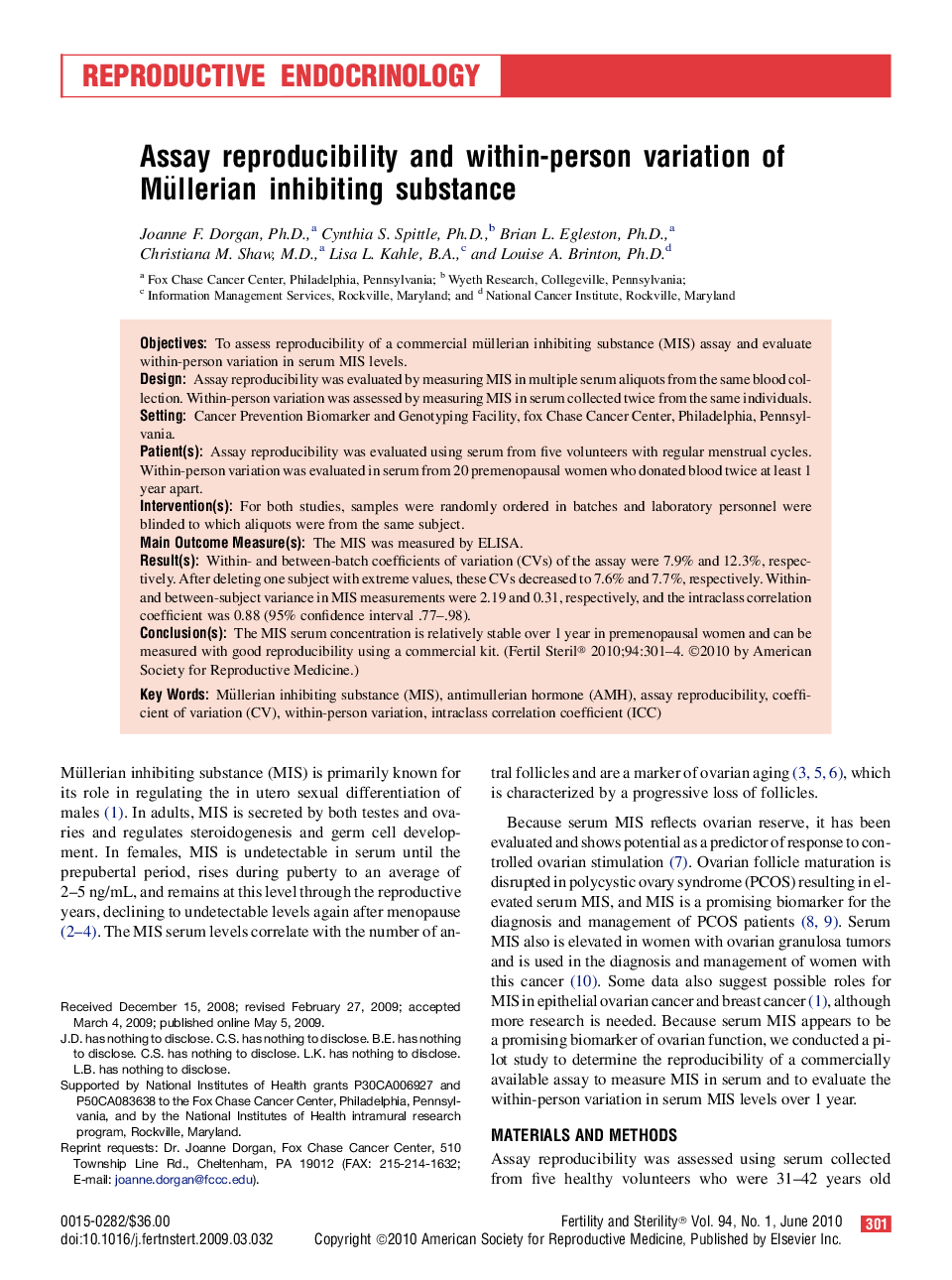 Assay reproducibility and within-person variation of Müllerian inhibiting substance 