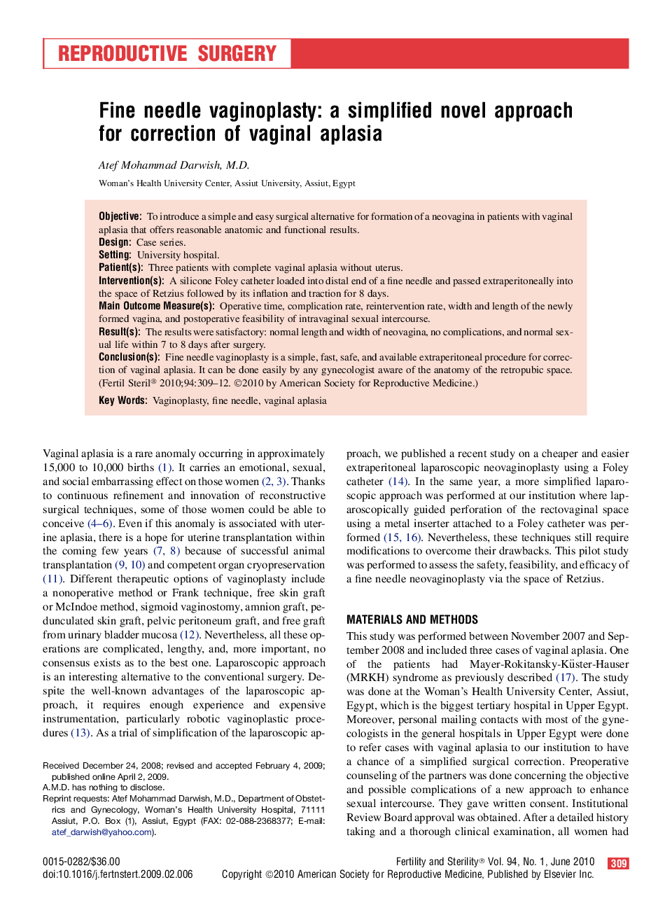 Fine needle vaginoplasty: a simplified novel approach for correction of vaginal aplasia 