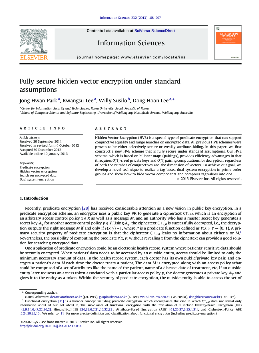 Fully secure hidden vector encryption under standard assumptions