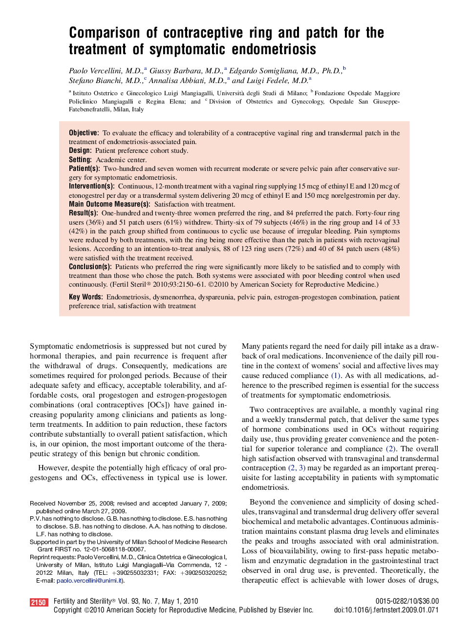 Comparison of contraceptive ring and patch for the treatment of symptomatic endometriosis 