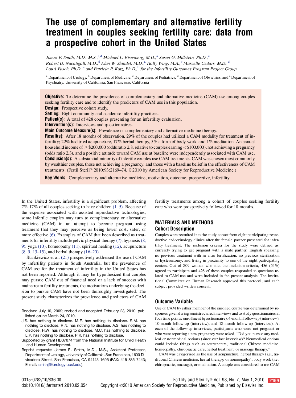 The use of complementary and alternative fertility treatment in couples seeking fertility care: data from a prospective cohort in the United States 