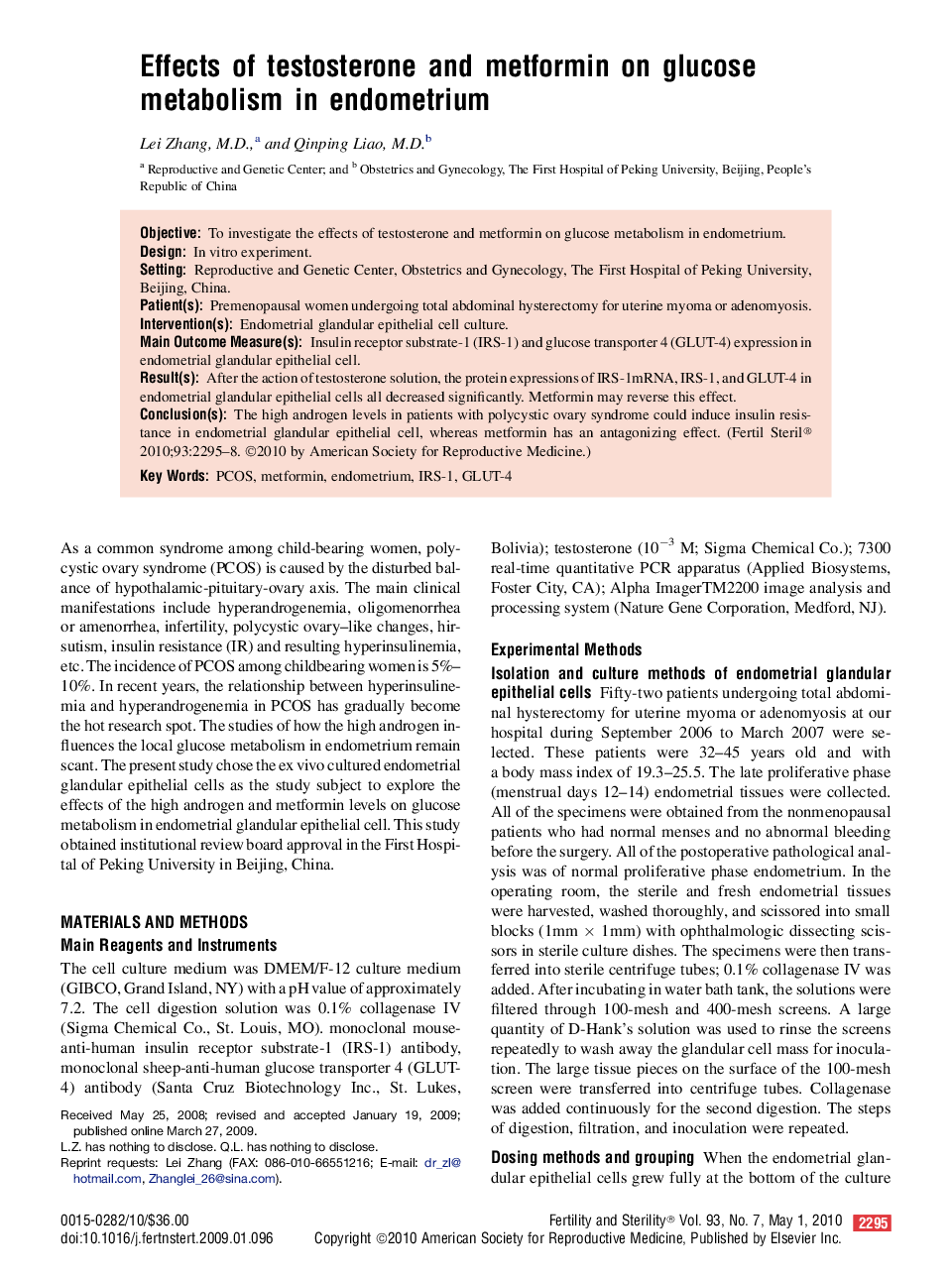 Effects of testosterone and metformin on glucose metabolism in endometrium 