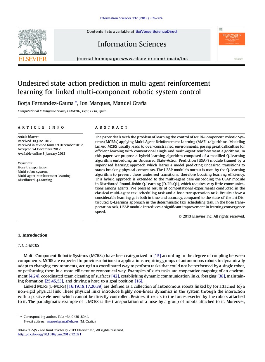 Undesired state-action prediction in multi-agent reinforcement learning for linked multi-component robotic system control